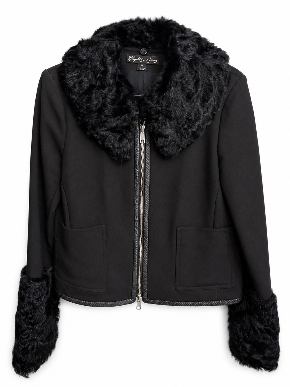 Elizabeth and James Wool Jacket M Lamb Fur Leather Trim Silk Lining Black NWOT